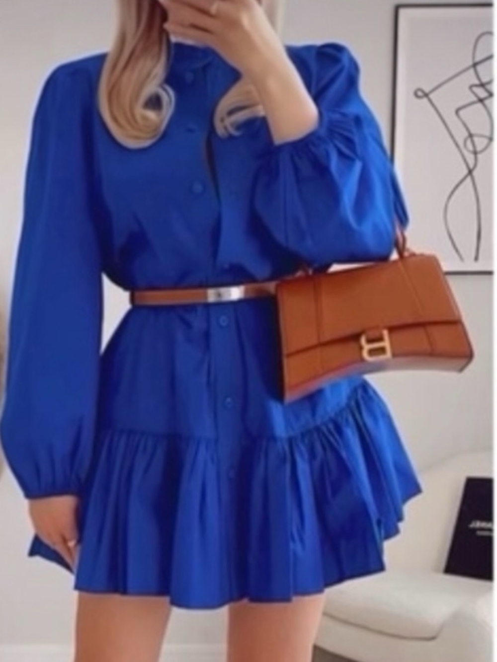 Belted [Zara] Cobalt Blue Button Down Shirtdress NWT Ruffle Mini Dress | Medium